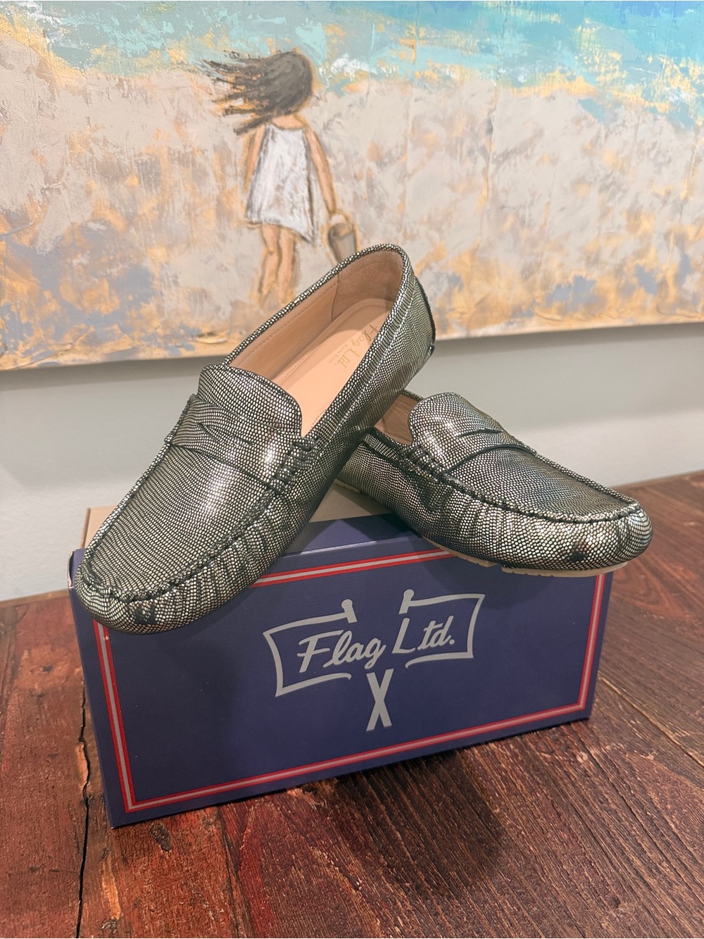 Flag Ltd. Leather Metallic Black Driving Loafers Sz 9.5 NIB